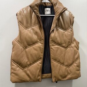 Zara Tan Puffer Vest faux leather zip up
